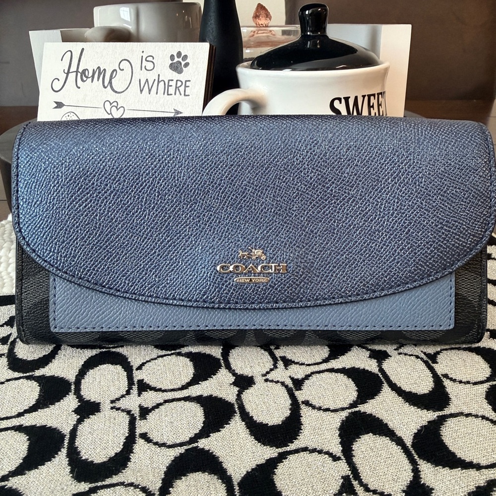 Coach Navy Metallic and Black Signature Wallet